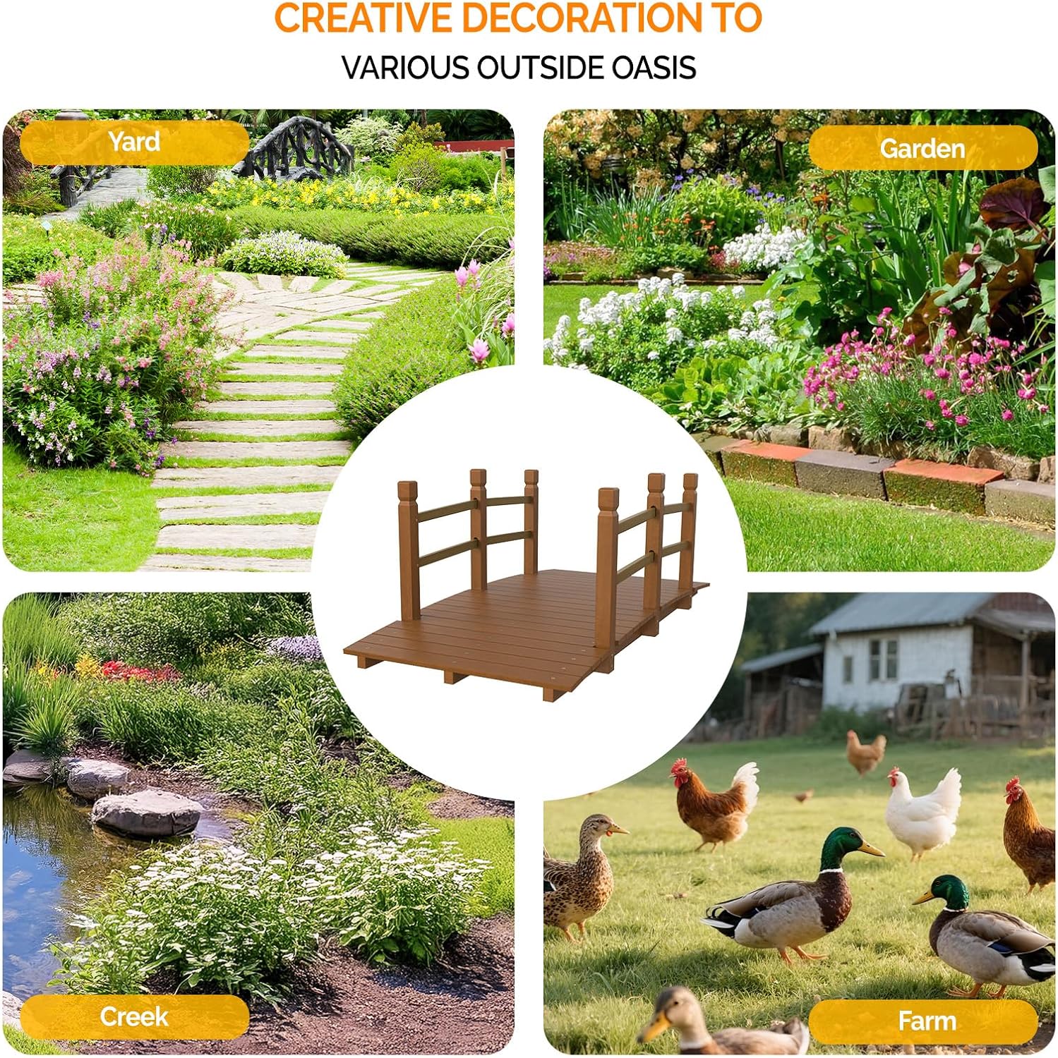 VINGLI Garden Bridge, Classic Wooden Arch with Safety Rails Footbridge (Brown, 5 ft)