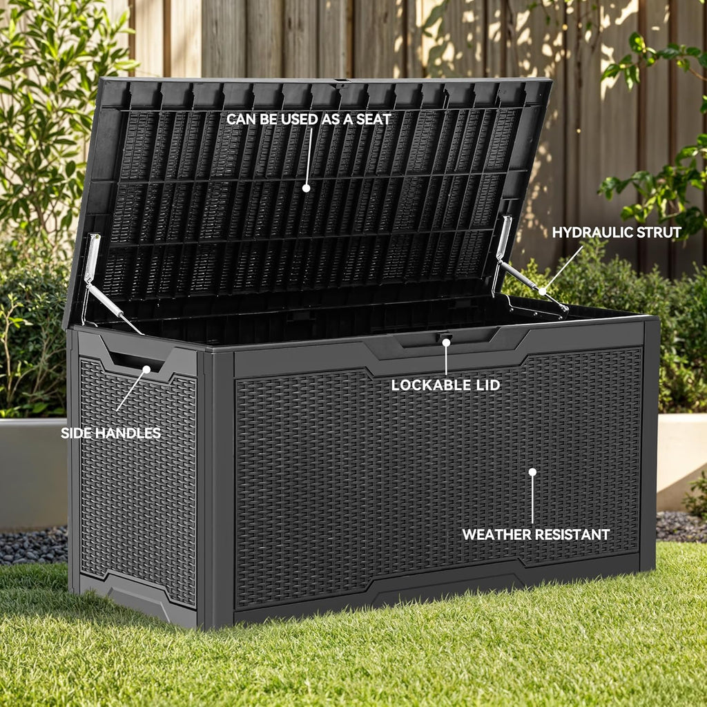 YITAHOME 100 Gallon Outdoor Storage Box, Large Water Resistant Resin Deck Box, Indoor Outdoor Lockable Storage Container for Patio, Garden, Cushions, Tools, Equipment (Black)