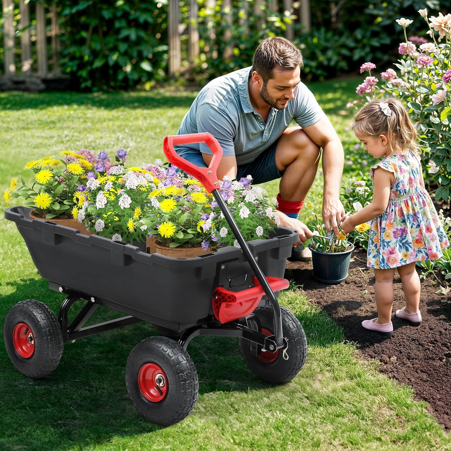 800lbs Garden Dump Cart, Heavy Duty Yard Dump Wagon with 10" Pneumatic Tires, Utility Wheelbarrow cart for Yard, Farm and Garden