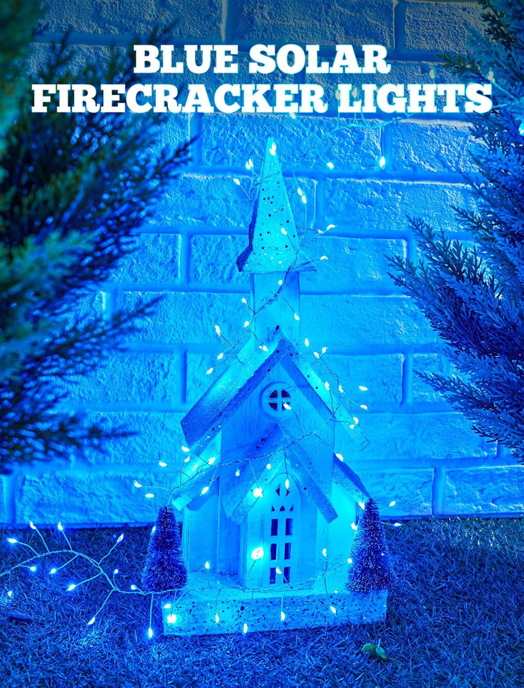 Brightown Solar Lights for Outside, 19.6Ft 240 LED Solar String Lights Outdoor Waterproof, 8 Modes Firecracker Balcony Lights for Tree Patio Christmas Party Wedding Decor (Blue)