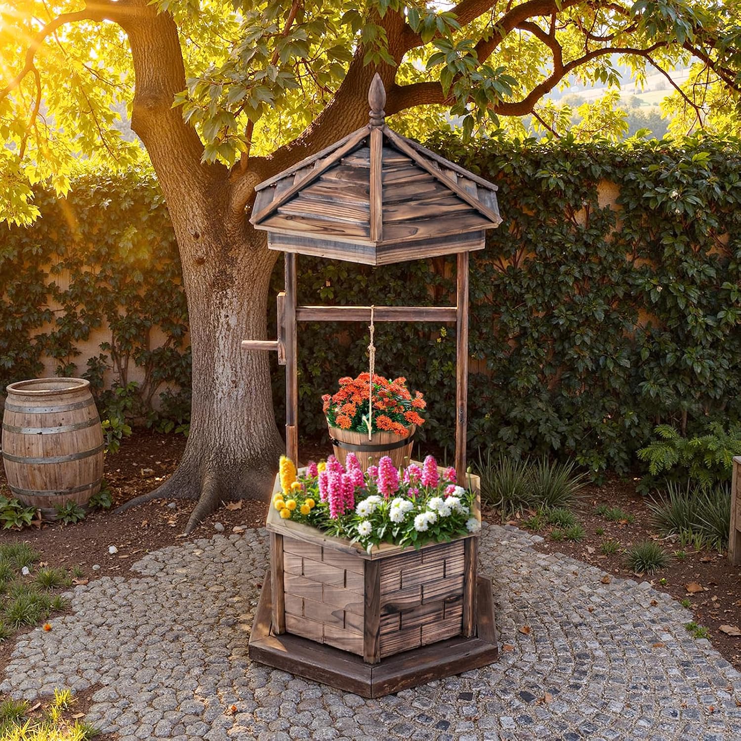 Tangkula Outdoor Wishing Well Planter, Old-Fashioned Wood Wishing Wells for Yard, Rustic Farmhouse Flower Planter Decoration for Garden, Backyard
