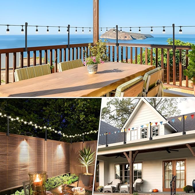 Suchtale 4 Pack 1.3 FT String Light Poles, Suspension Outdoor Fence Post Lights with Clip and Bracket, Outside String Lights Hanging, Wall Mounting Stand for Patio Garden Backyard Wedding Party, Black