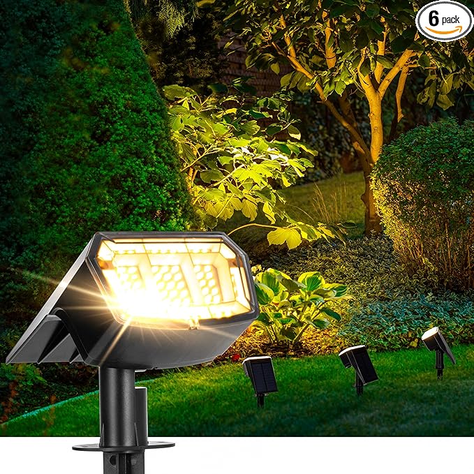 Solar spotlights Outdoor 63 LED 3 Lighting Modes, IP65 Waterproof Lighten Yard Garden House Garage Pathway for Christmas Decorations-6 Pack