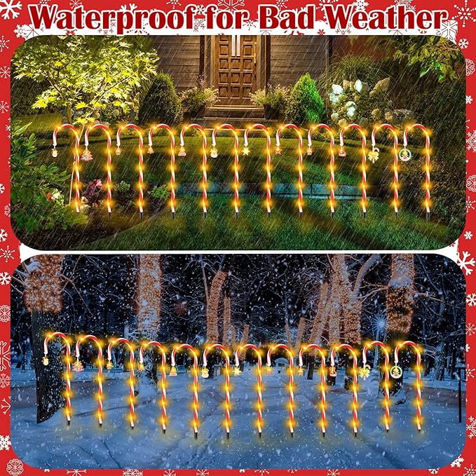 12 Pcs Christmas Candy Cane Lights Outdoor Christmas Decorations Battery Operated Candy Cane Pathway Markers Light 84 LED Candy Cane Stake Waterproof with 8 Modes for Yard Garden Lawn Tree Decor
