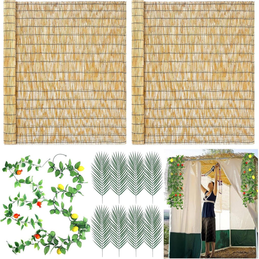 12 Pack Sukkah Kit Decorations for Sukkot 2 Pcs 3.9x9.8ft Natural Reed Bamboo Fencing 8 Pcs Palm Leaves 7.7ft Hanging Pomegranate Garland Sukkah Tent Supplies for Jewish Holiday Party Outdoor Decor