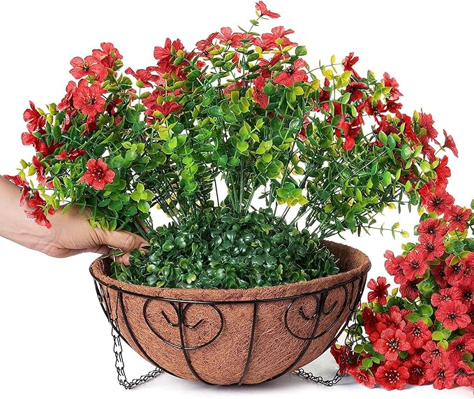 Artificial Fake Hanging Red Plants Flowers Basket for Outdoor Fall Winter Christmas, Faux Silk Daisy Mums Look Real UV Resistant for Outside Porch Home Patio Garden Yard Decoration