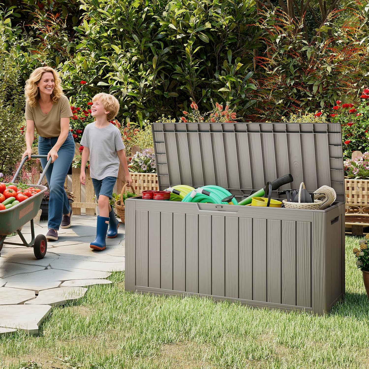 Outdoor Storage Box, 72 Gallon Waterproof Resin Deck Box, Storage Bin for Package Delivery, Patio Furniture Cushion, Garden Tools, Pool Accessories, Weatherproof and UV Resistant, Grey