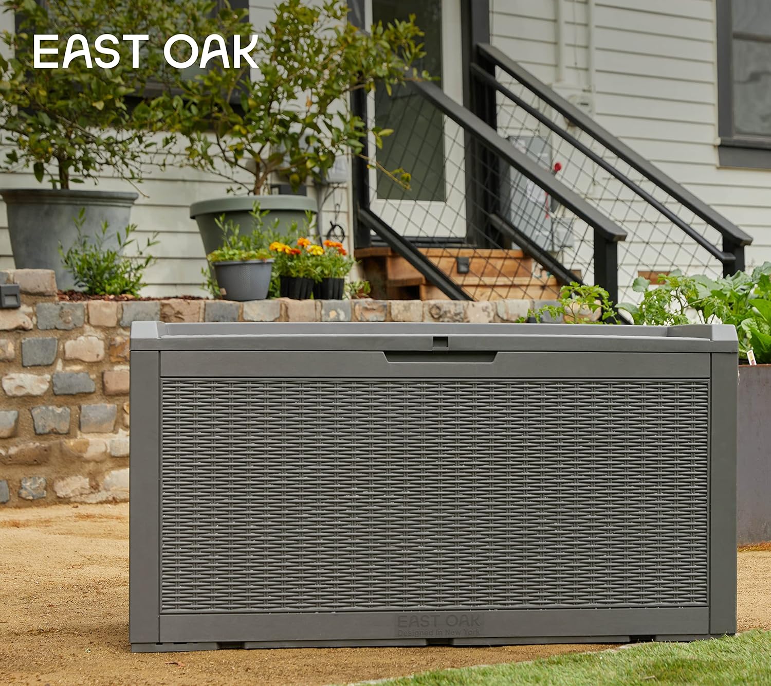 EAST OAK Outdoor Storage Box, 100 Gallon Deck Box, Waterproof Resin Storage Bench for Patio Cushions, Gardening Tools, Pool Accessories, Lockable, UV Resistant, Grey