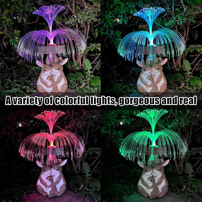 Solar Rabbit Garden Statues,Resin Rabbit Family Figurine with Welcome Card and 7-Color Changing Optical Fiber with Solar Lights, Lawn Decor Outdoor Statue for Patio,Balcony,Yard,Lawn