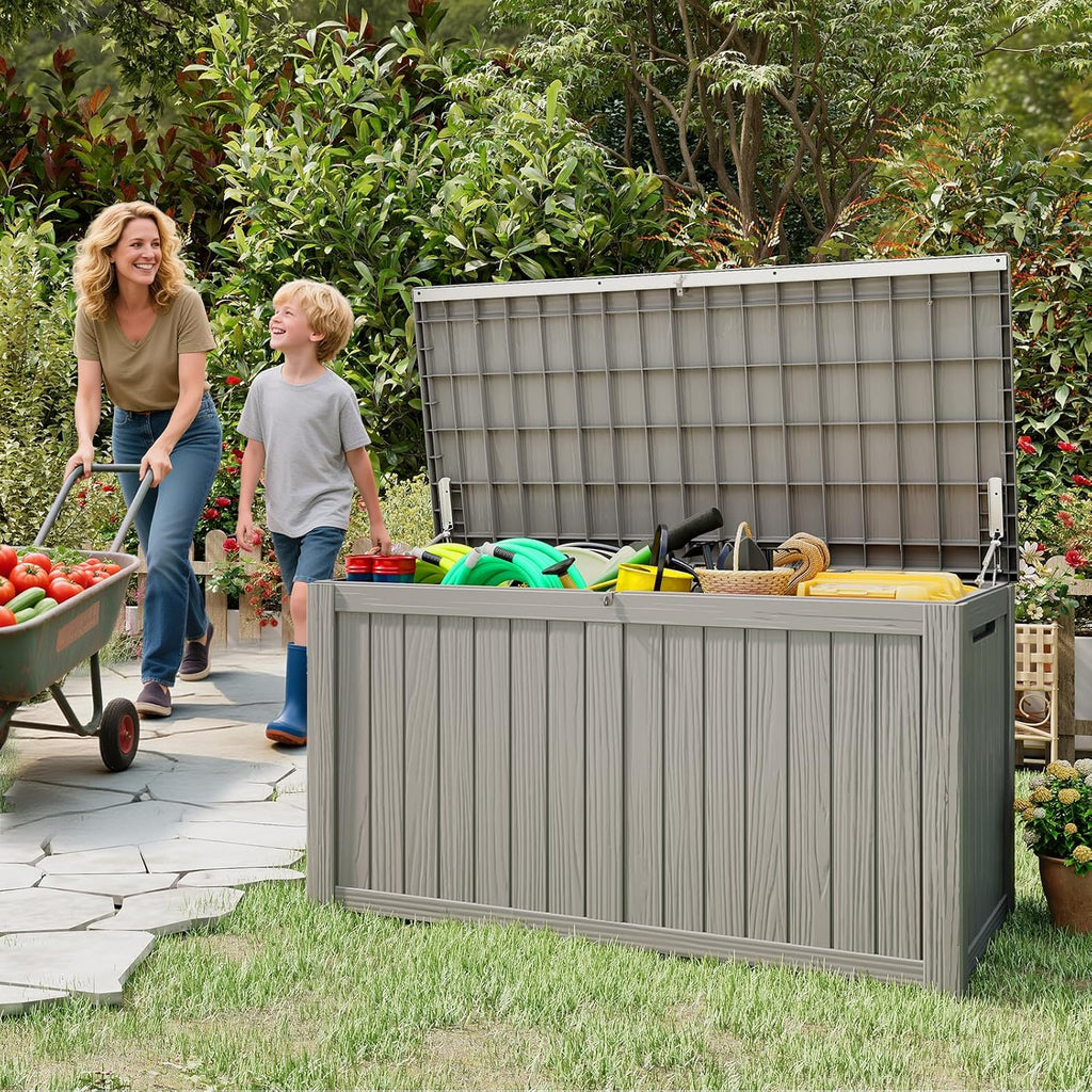 Outdoor Storage Box, 180 Gallon Waterproof Resin Deck Box, Storage Bin for Package Delivery, Patio Furniture Cushion, Garden Tools, Pool Accessories, Weatherproof and UV Resistant, Grey