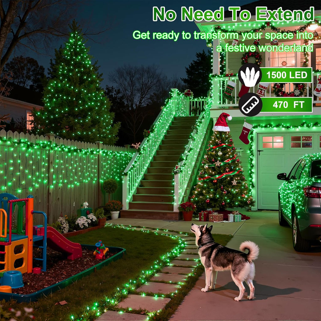 1500LED Christmas Lights Outdoor Use, 470ft 12 Modes Green LED String Lights with Timer Dimmable, Waterproof Christmas Tree Lights for Xmas Patio Yard Fence Balcony Garden Party Decor Green