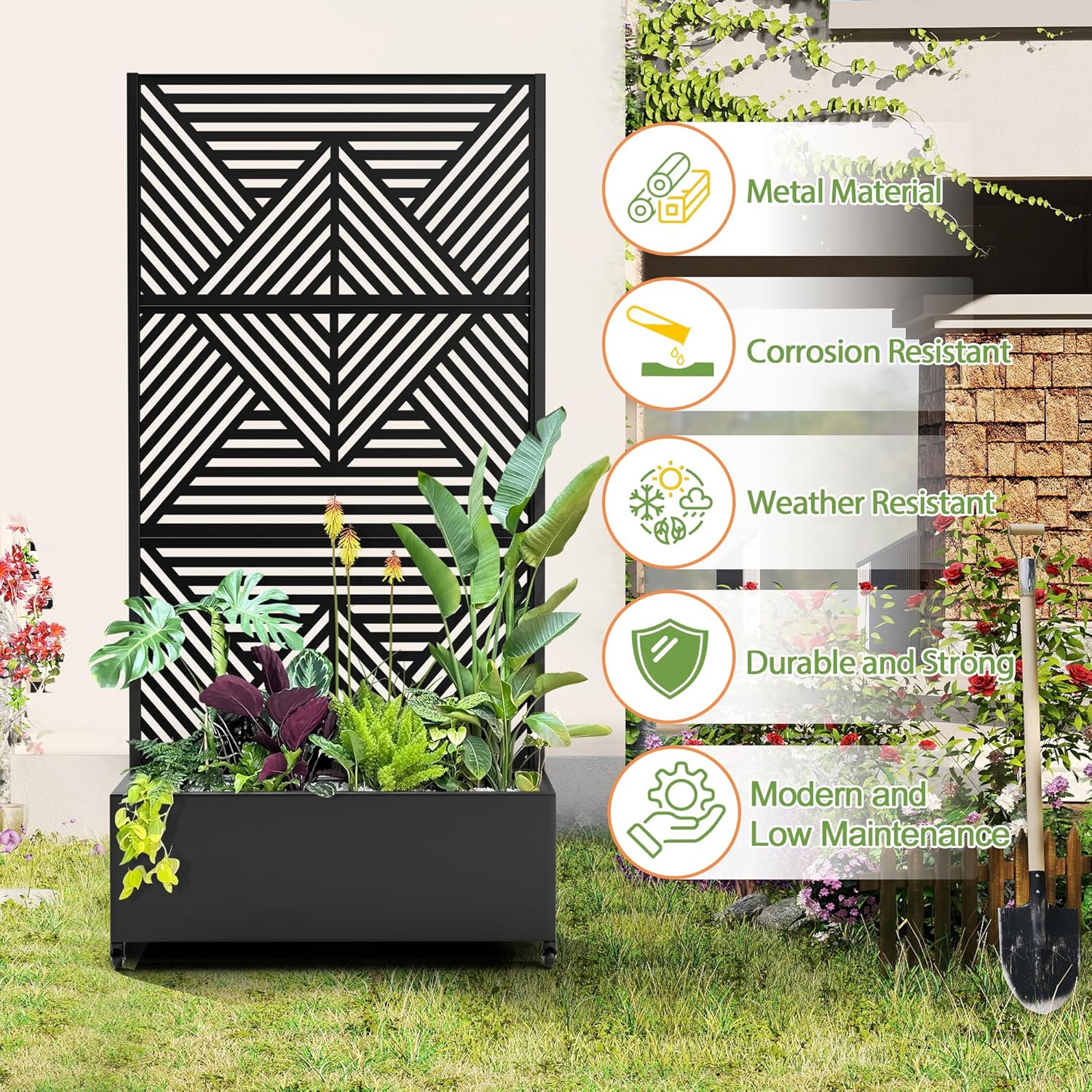 Raised Garden Bed with Trellis and Wheels,73"x35"x16" Metal Raised Garden Bed,Black Diamond Metal Planter with Climbing Trellis for Vines & Vegetables