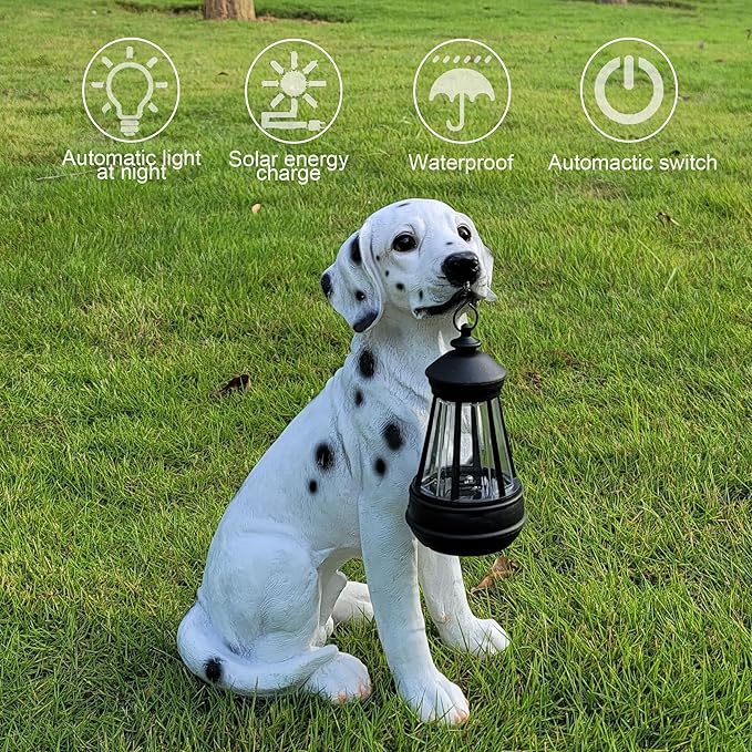 NASKY The Resin Handicraft Solar - Powered Hanging Lamp in The Shape of A Simulated Puppy of The Courtyard is Suitable for Places Such As Courtyards, Gardens and Balconies (Spotted Dog)