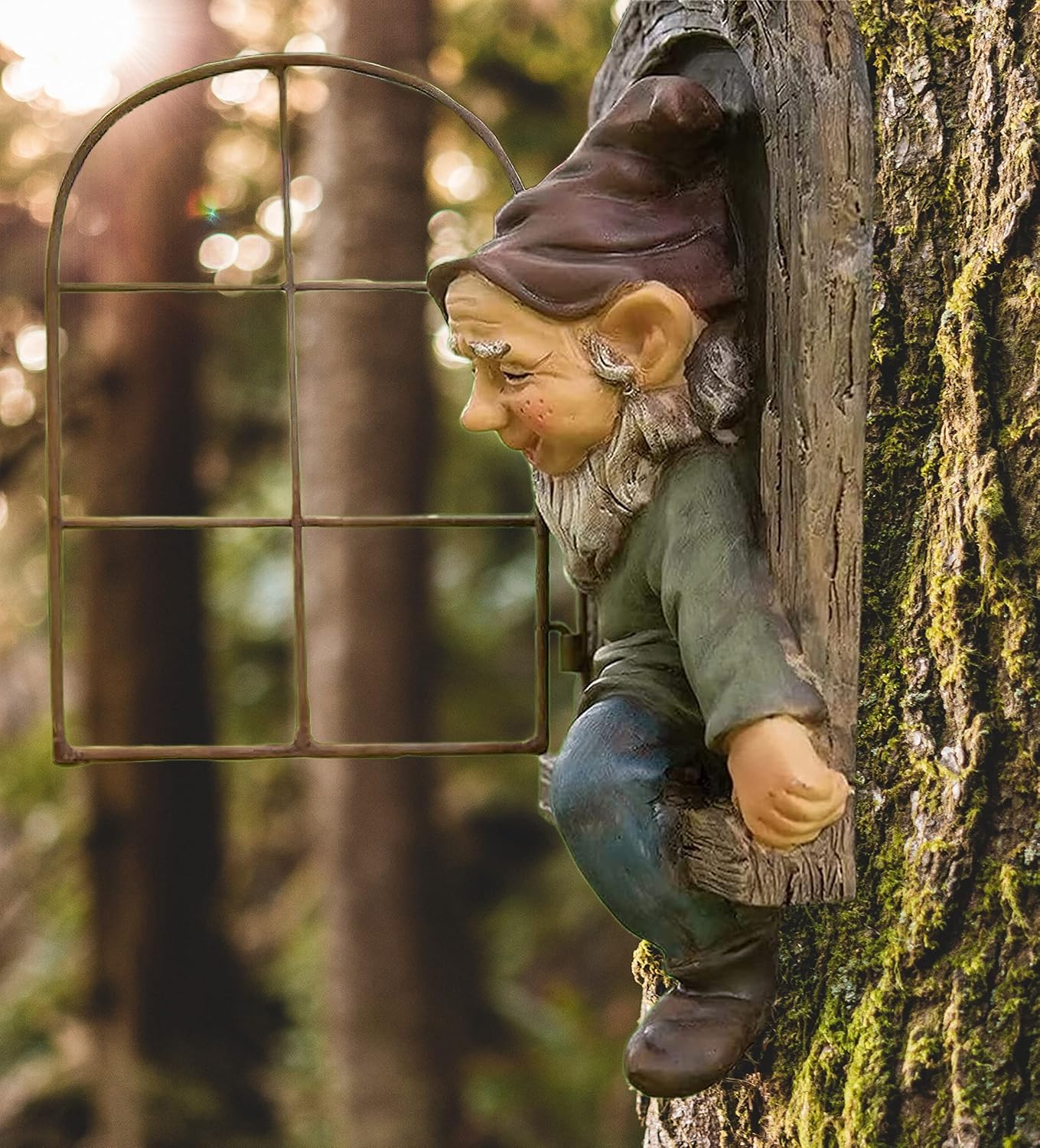 Climbing Gnome Patio Figurine Gift, Whimsical Garden Gnome Statue, Tree Face Hugger, Outdoor Garden Fairy Elves Accent, Classic Gnome Lawn Ornament, Hanging Yard Art, Funny Resin Decor