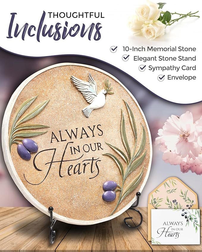 10-Inch Garden Memorial Stone with Included Plaque Stand & Sympathy Card, Memorial Plaques for Outdoors with Peace Dove Amongst Olive Branches, Memorial Stepping Stone for Loss of Loved One