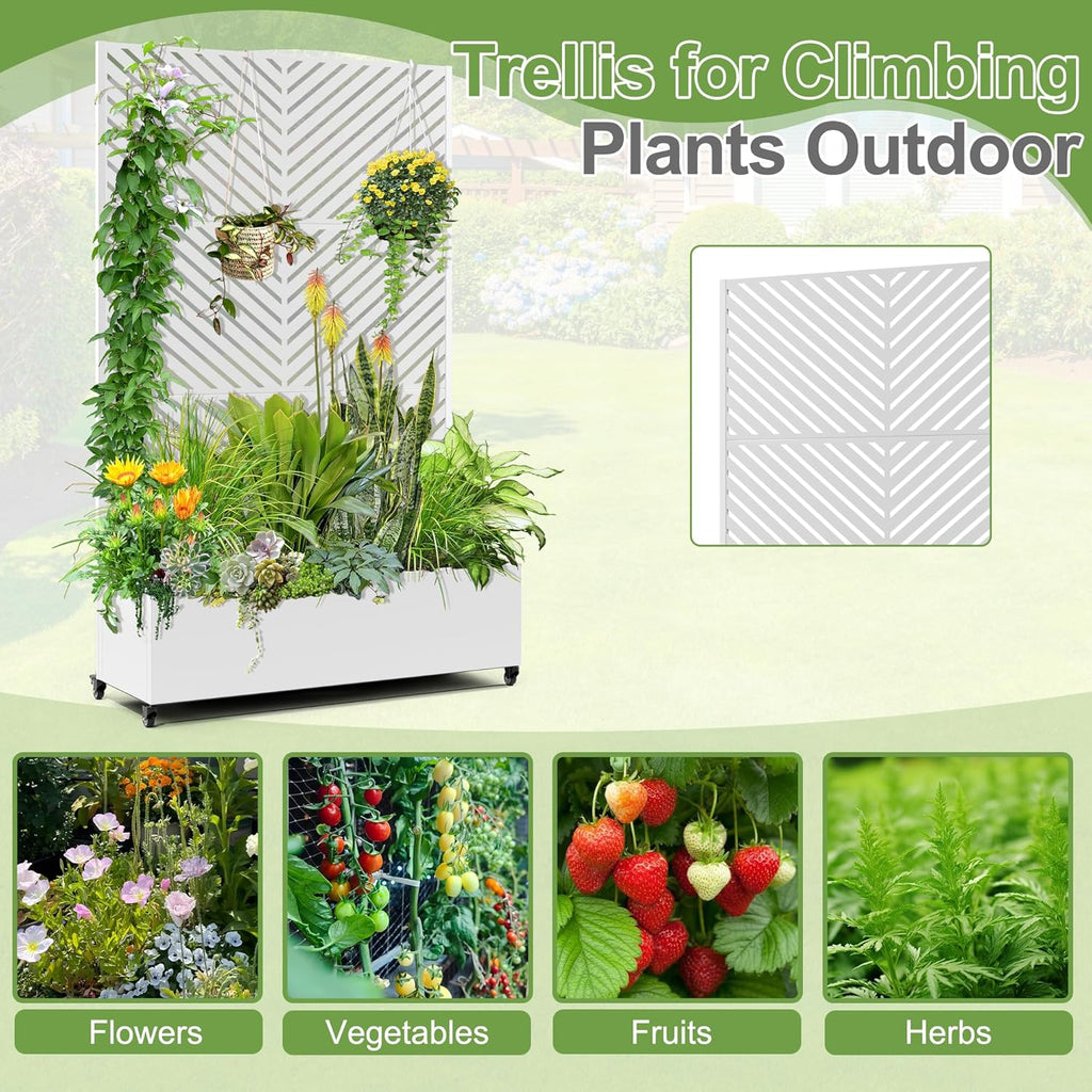 Raised Garden Bed with Trellis and Wheels,73"x47"x16" Metal Raised Garden Bed,White Parallel Metal Planter with Climbing Trellis for Vines & Vegetables