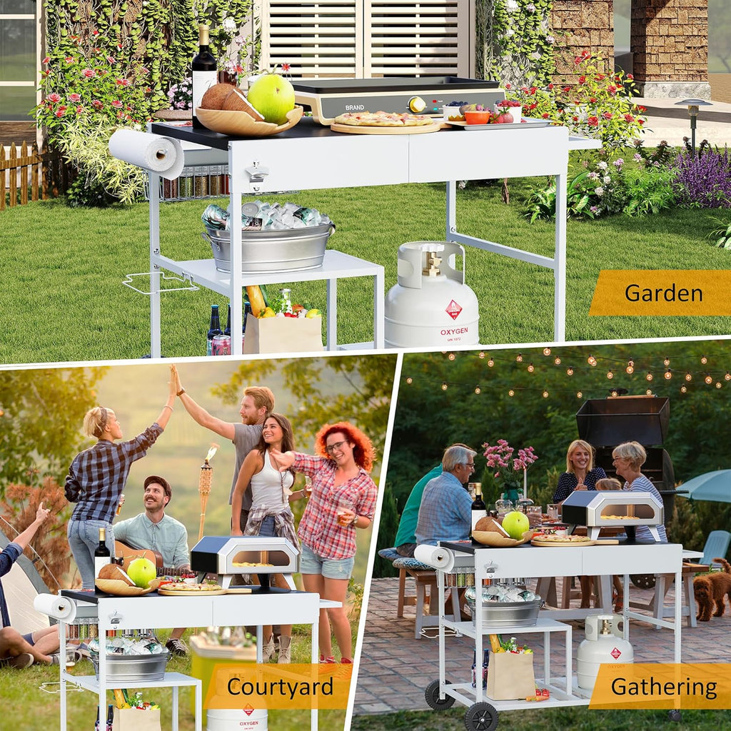 JY QAQA Outdoor Pizza Oven Stand with Condiment Shelf, Outdoor Cooking Cart, Grill Worktable for Patio, Food Prep Station Fits Ninja Woodfire Grill, Cuisinart Grill, Blackstone Griddle