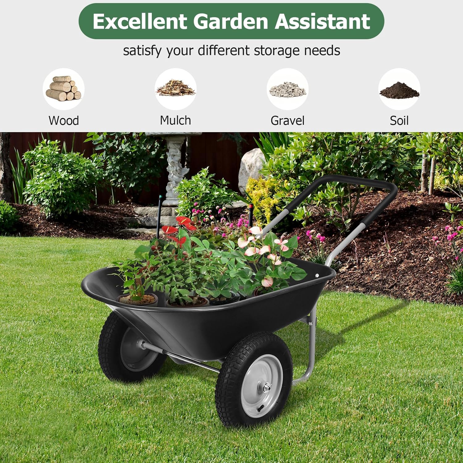 ERGOMASTER Dual-Wheel Wheelbarrow, Home Utility Garden Cart, 330 LBS Capacity, Large Heavy Duty Yard Cart for Gardening & Planting, Lawn, Farm, Construction Site, Black