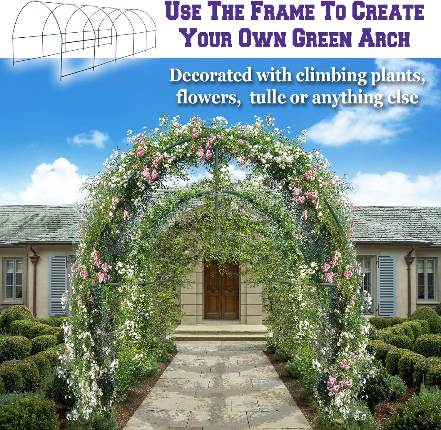 Benefit-USA BenefitUSA Multi-Size Large Garden Support Arch Frame Climbing Plant Arch Arbor for Flowers/Fruits/Vegetables (24.6'X9.8'X7.2') Green
