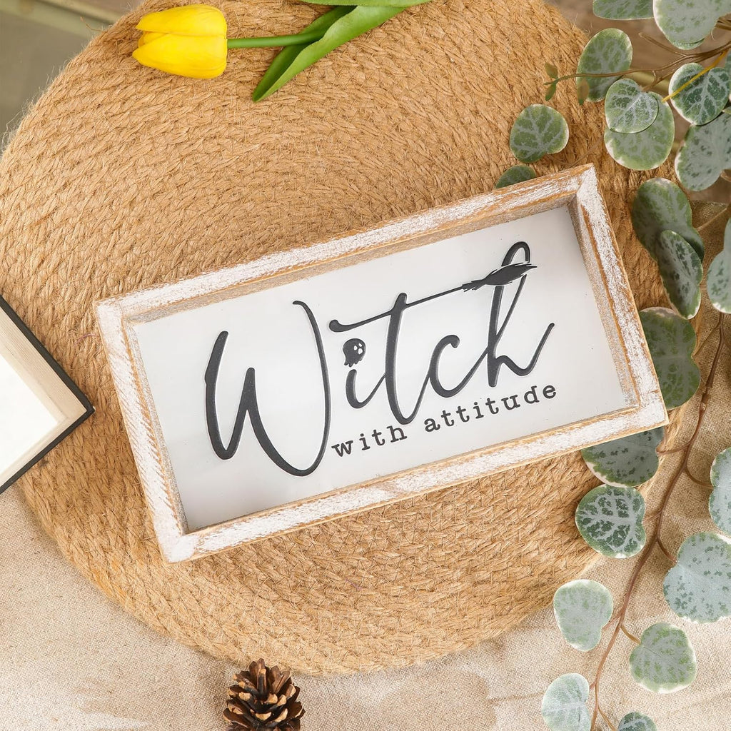 Embossed Witch Sign, Farmhouse Halloween Decorations Indoor, Vintage Halloween Tiered Tray Decor, Funny Spooky Halloween Centerpieces for Table Cubicle Desk Mantel Fireplace