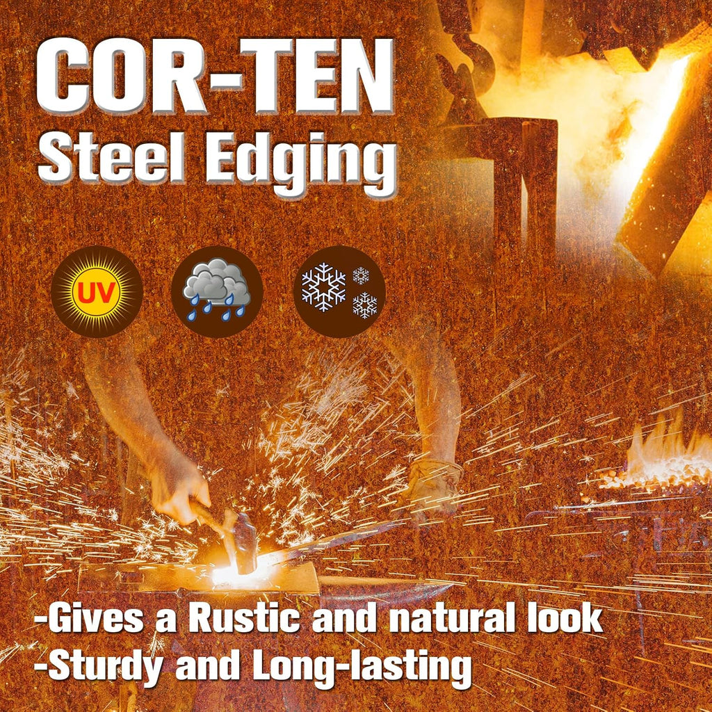 Worth Garden 6 Pack Pre-Rusted Cor-Ten Steel Landscape Edging - 40" L x 5.5" H Each (20ft Total) - No-Dig Hammer-in Heavy Duty 14-Gauge Metal Border w/ 7 Clips & Gloves - Edge for Lawn Yard