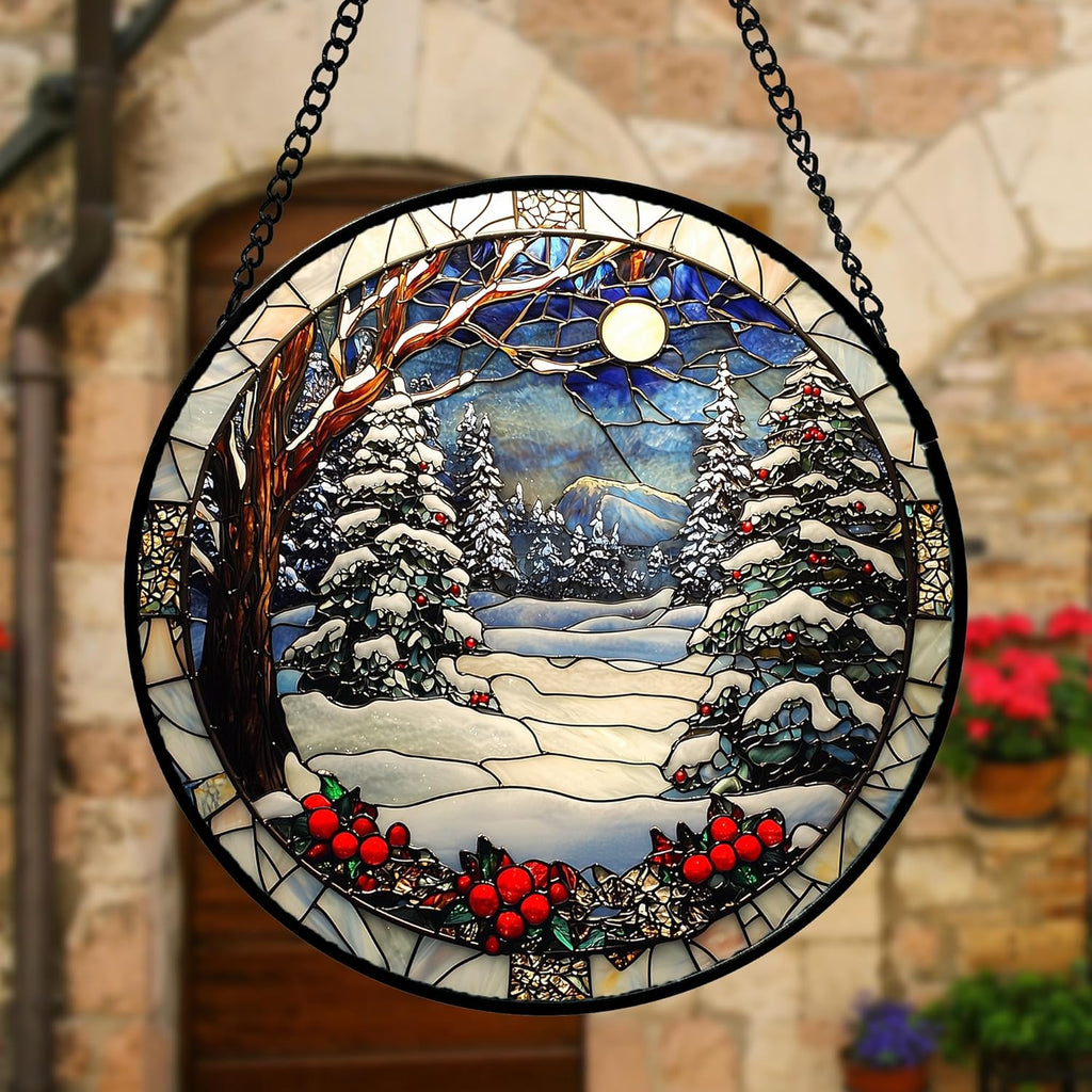 Stained Glass Window Hanging Christmas Tree Winter Snow Night Scenery 6.3" - Suncatcher Door Garden Kitchen Sun Catcher Home Decor Birthday for Mom Men Woman Friend