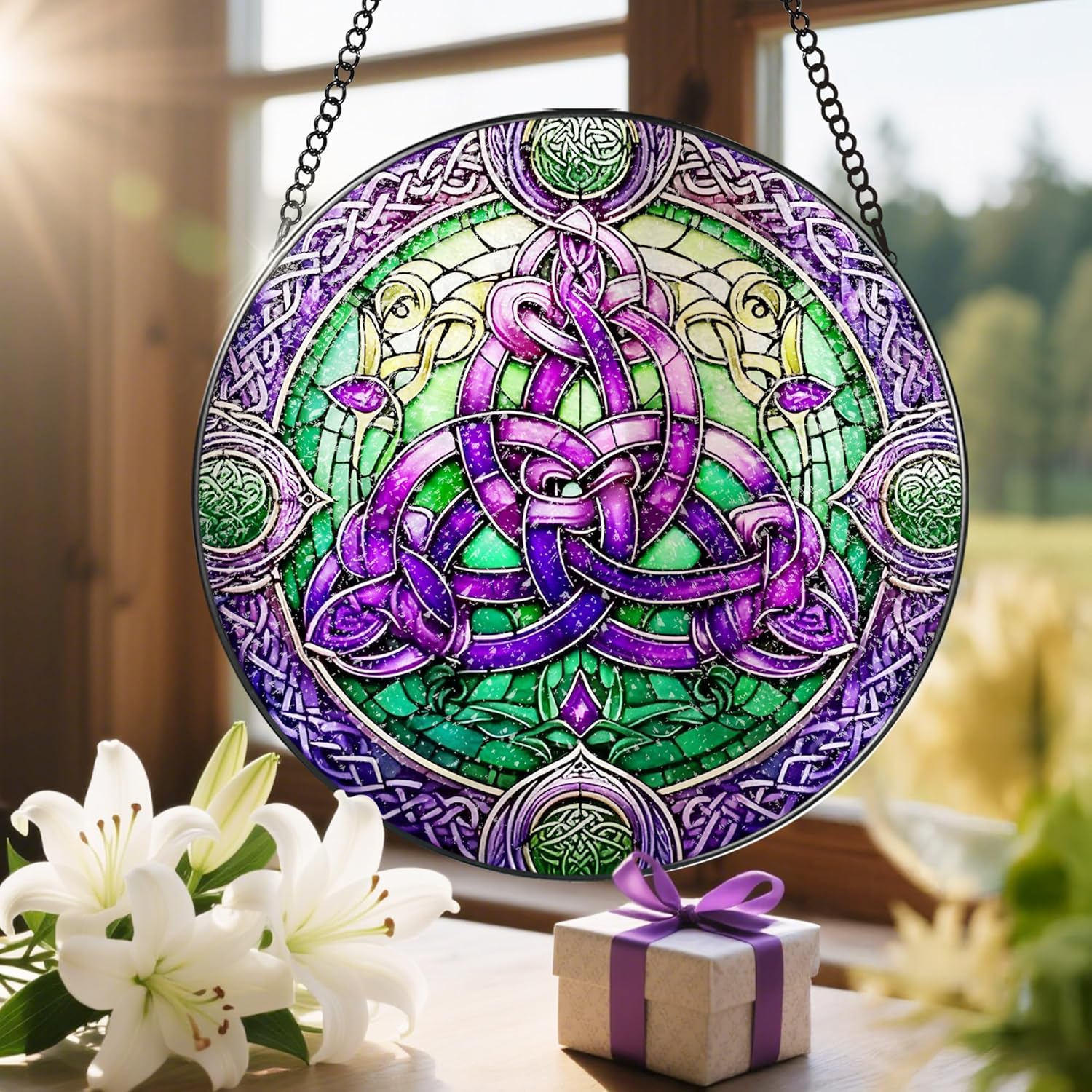 Stained Glass Window Hanging, LAOWEIKI 8'' Celtic Knot Suncatcher, Stained Glass Ornament, Suncatchers for Windows Hanging, Window Decor, Outdoor or Indoor, Gifts for Friends, Women, Art Lover