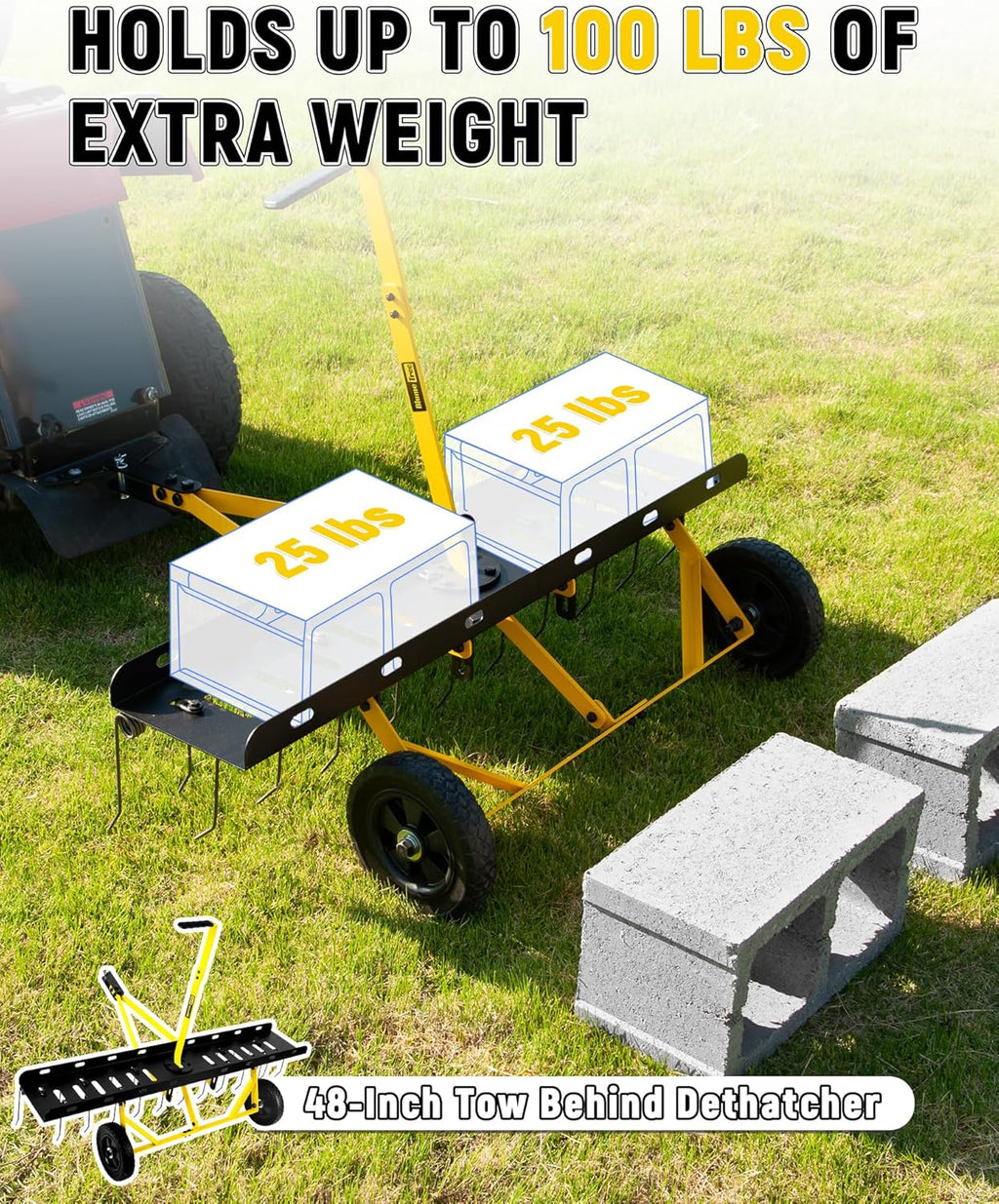 48 Inch Tow Behind Dethatcher, Pull Behind Lawn Dethatcher with 24 Spring Steel Tines, Grass Dethatcher, Removes Thatch, Riding Lawn Tractor for Large Lawns, Yard and Garden Care