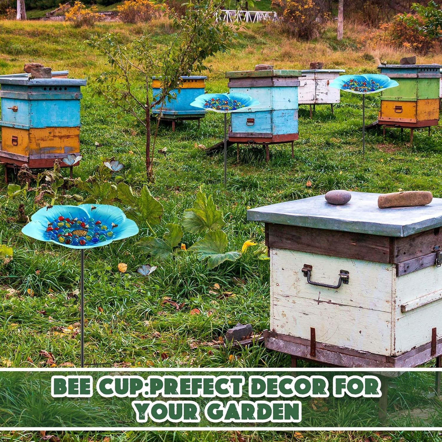 Tandefio Vivid Flower Bee Watering Station Metal Butterfly Water Feeder Cup with 30 Colorful Glass Marbles Bee Feeder Cup Butterfly Bath Bowl for Garden Outdoor Yard Decors(Blue,Flower)