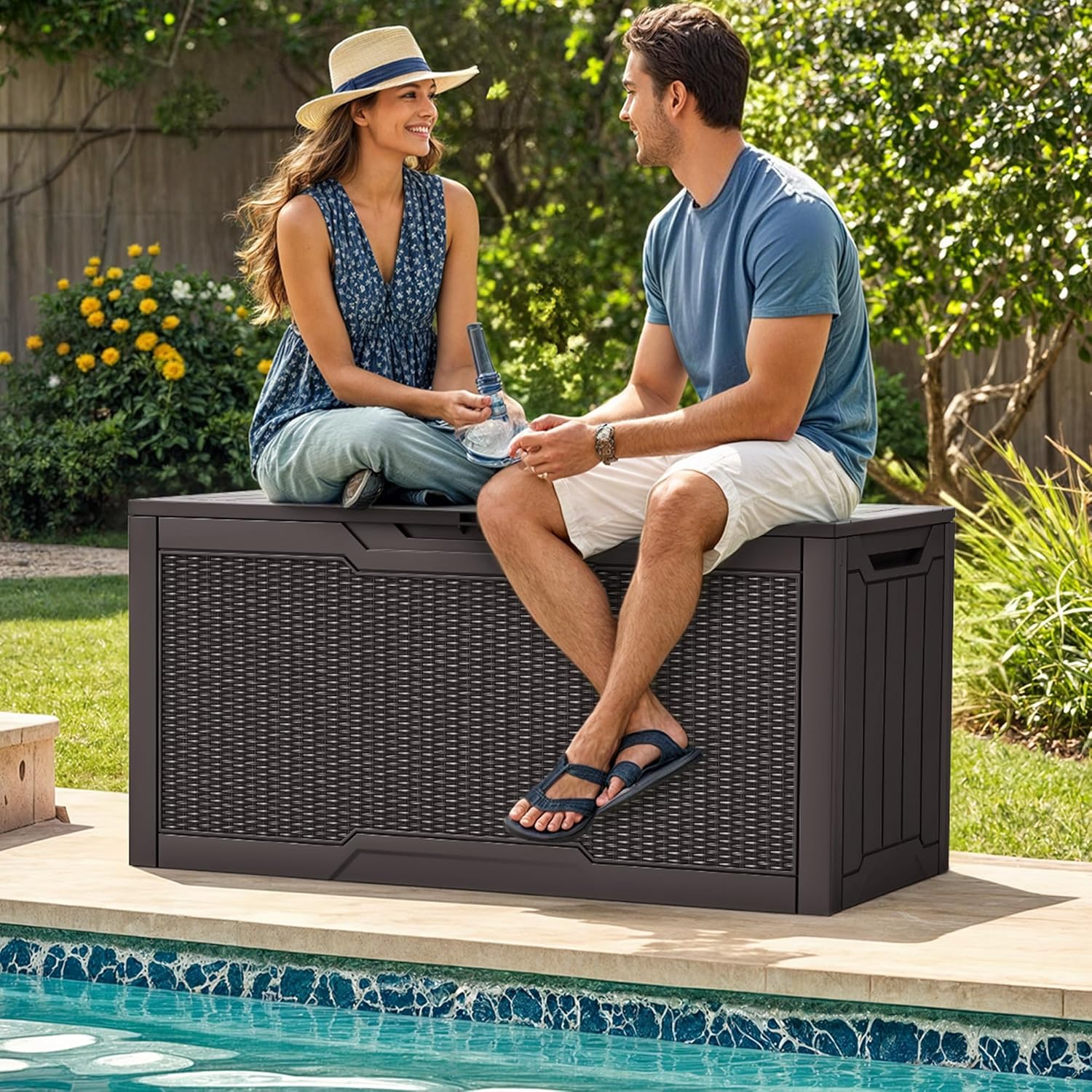 YITAHOME 80 Gallon Resin Deck Box, Weather Resistant Outdoor Rattan Storage Box, Lockable Indoor Outdoor Storage for Supplies and Essentials, Dark Brown