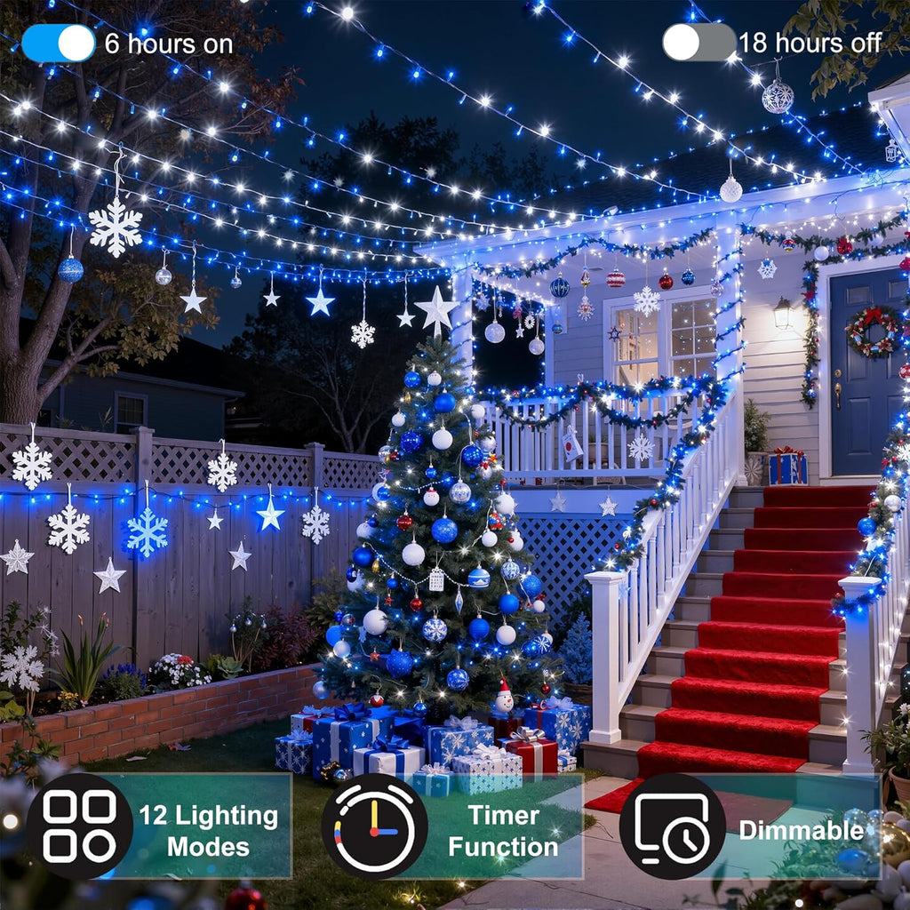 750LED Christmas Lights Outdoor Use, 240ft 12 Modes Blue and Cool White LED String Lights with Timer Dimmable, Waterproof Christmas Tree Lights for Xmas Patio Yard Fence Balcony Garden Decor