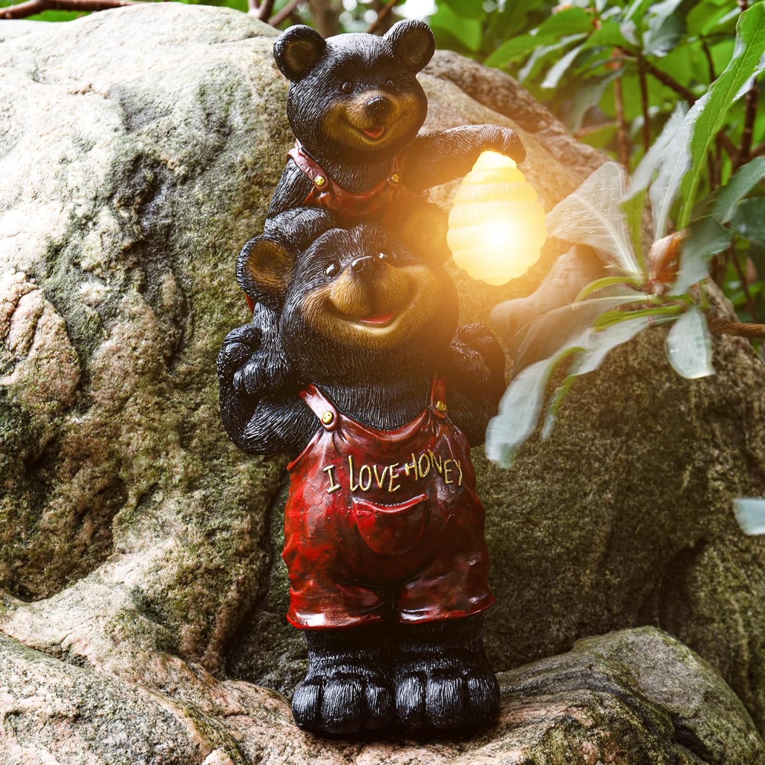 Black Bear Beehive Solar Light Figurine - Outdoor Waterproof Garden Statue - Animal Decor Light - Mother & Baby Bear for Outside - Patio, Yard, and Lawn