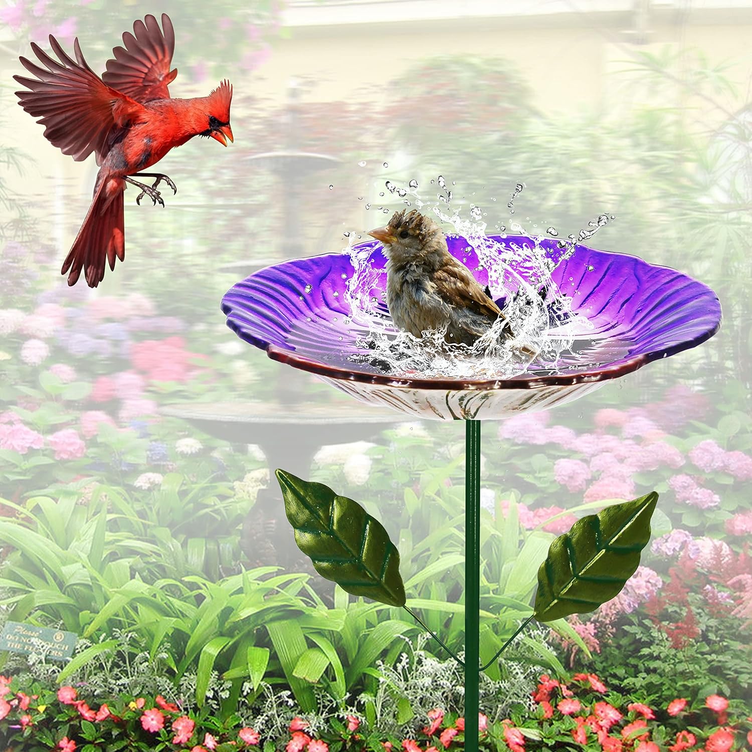 Glass Bird Baths for Outdoor, Garden Birdbath Bird Feeders Hydrangea Decor Birdfeeder with Metal Stake for Garden, Yard, Lawn, Courtyard