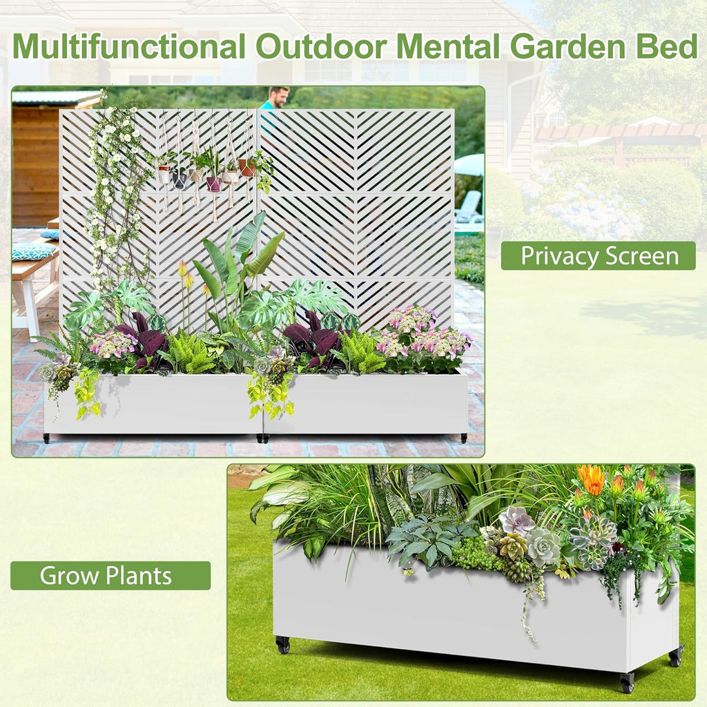 Raised Garden Bed with Trellis and Wheels,73"x47"x16" Metal Raised Garden Bed,White Parallel Metal Planter with Climbing Trellis for Vines & Vegetables