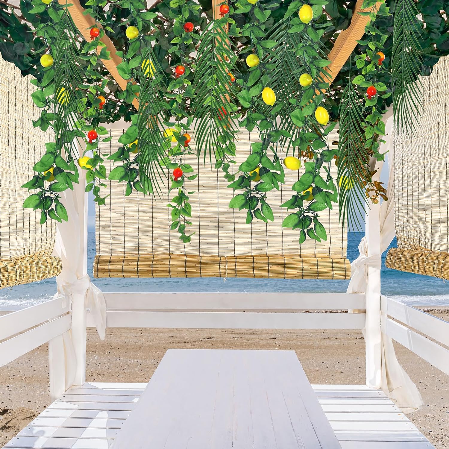 12 Pack Sukkah Kit Decorations for Sukkot 2 Pcs 3.9x9.8ft Natural Reed Bamboo Fencing 8 Pcs Palm Leaves 7.7ft Hanging Pomegranate Garland Sukkah Tent Supplies for Jewish Holiday Party Outdoor Decor