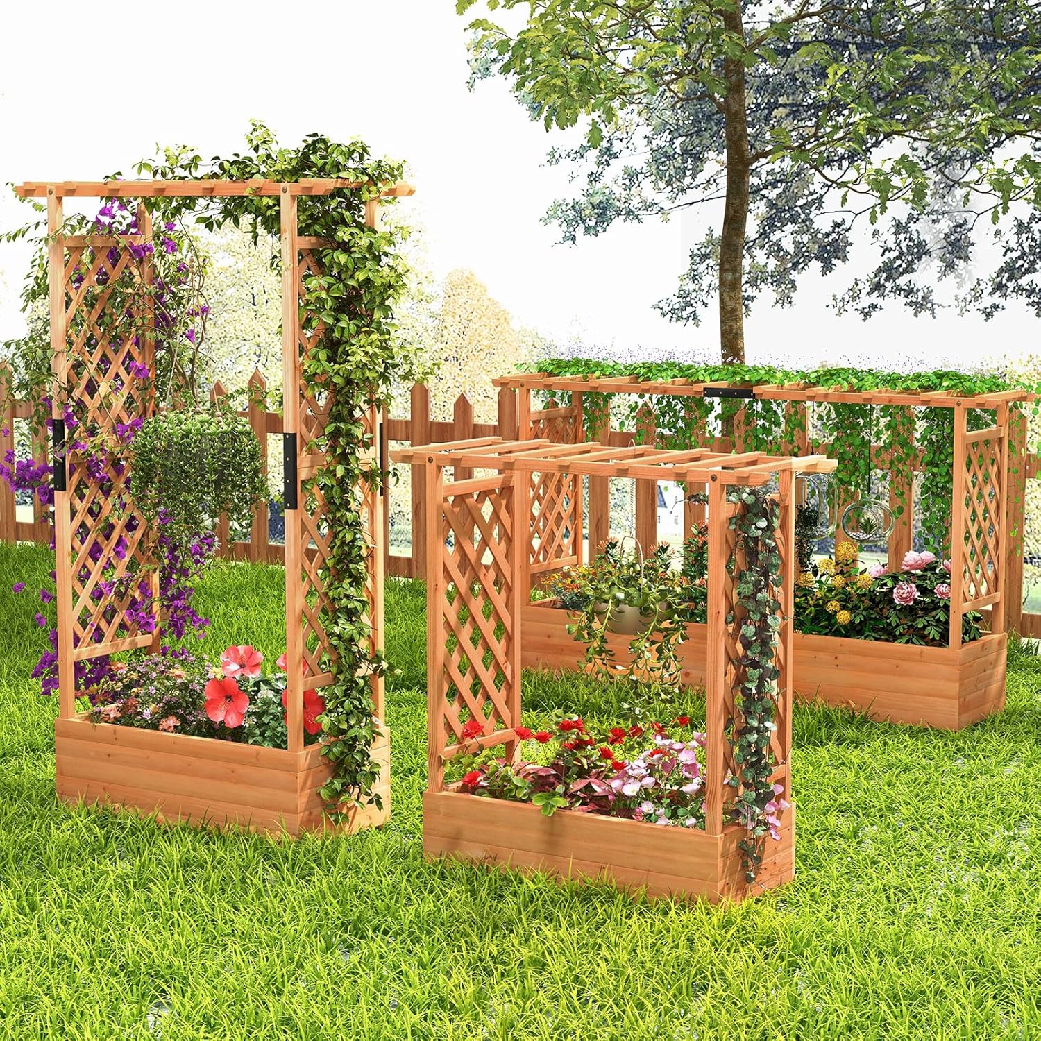 S AFSTAR 45-Inch Raised Garden Bed with Arch Trellis, Hanging Roof, Planter Box, Drainage Holes, Vertical Plant Container for Vine Climbing Plant Flower, Standing Wood Planter for Garden Patio Yard
