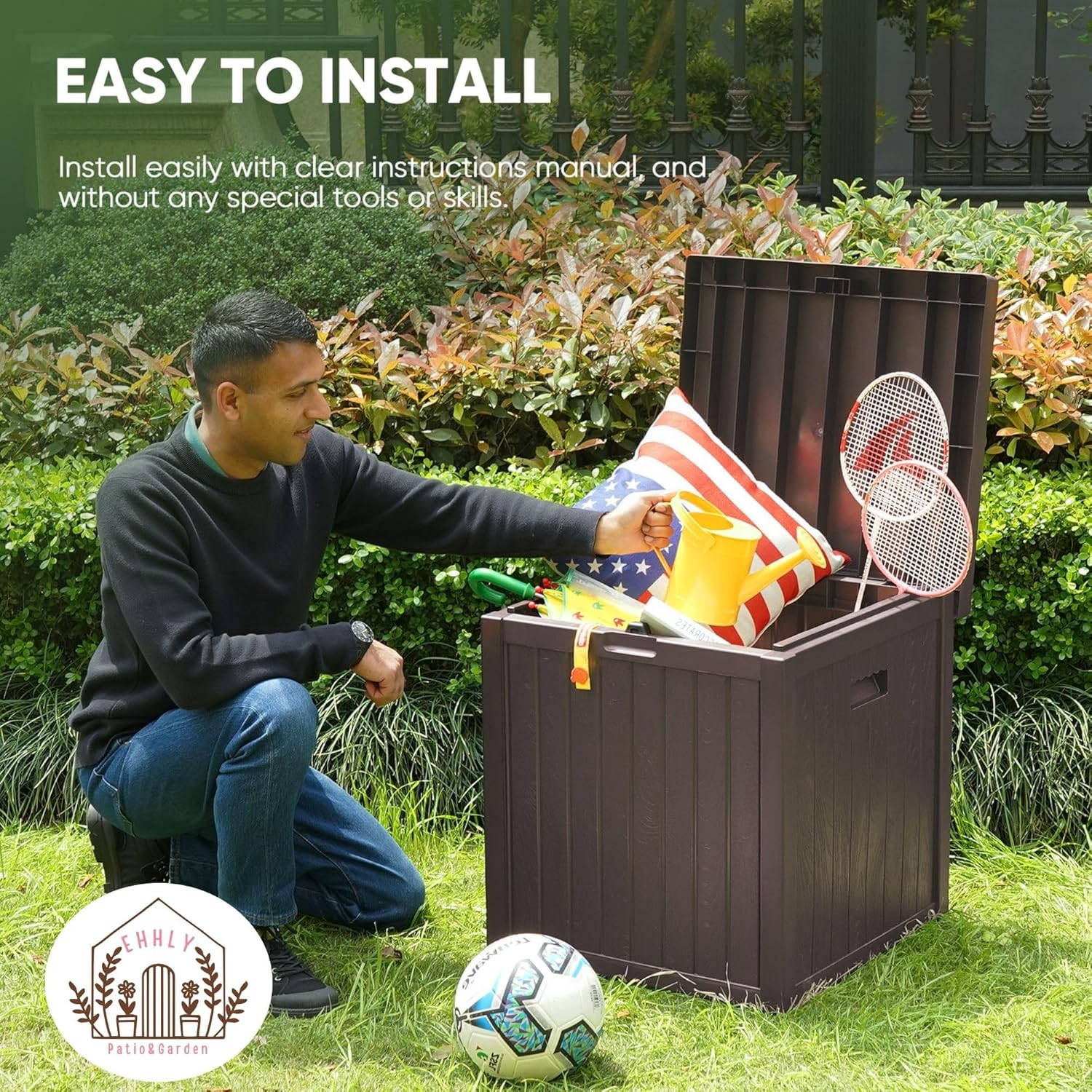 Deck Box, 51 Gallon Front Porch Package Bin Delivery Box for Outside, Small Patio Outdoor Storage Boxes Waterproof, UV Resistant Plastic Resin Pool Storage Bins with lids, Brown