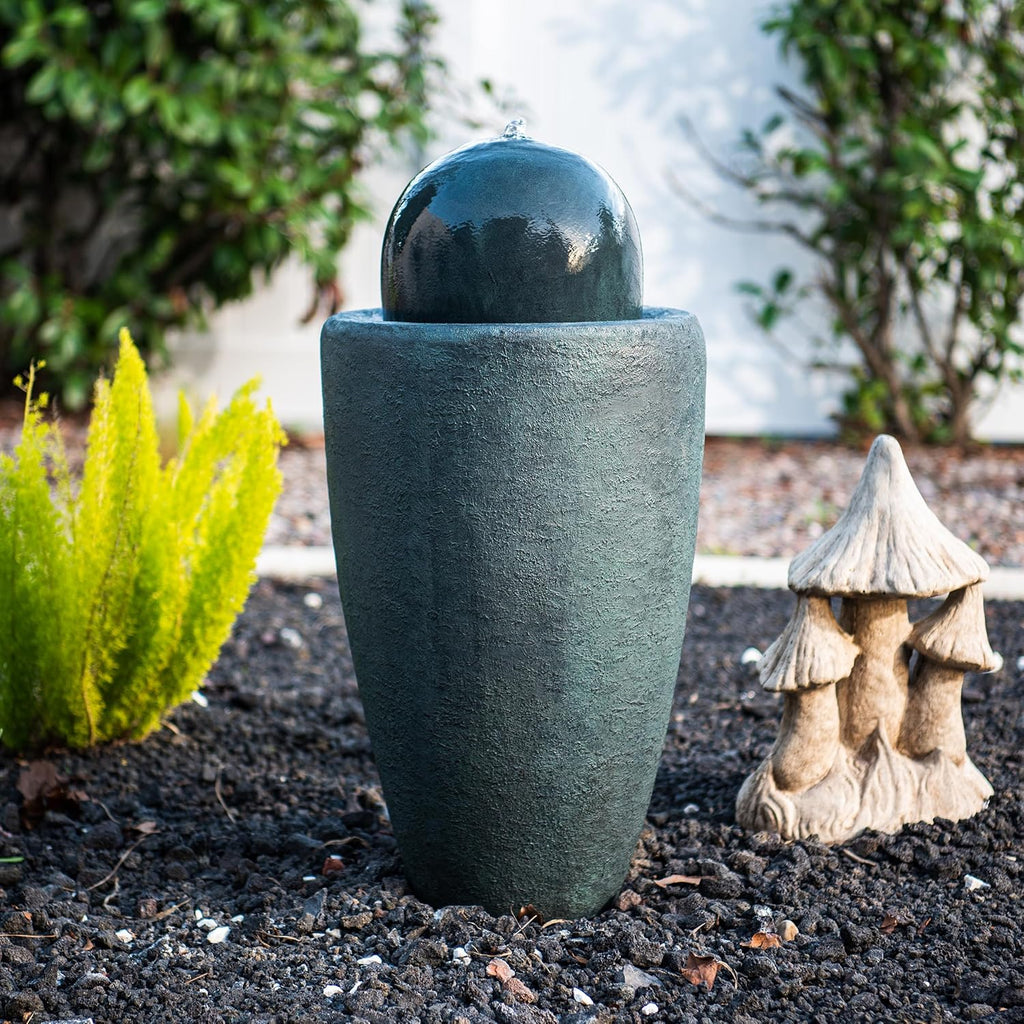 XBrand 25.98" H Round Stone Indoor/Outdoor Modern Stone Textured Sphere Water Fountain w/LED Lights Dark Green