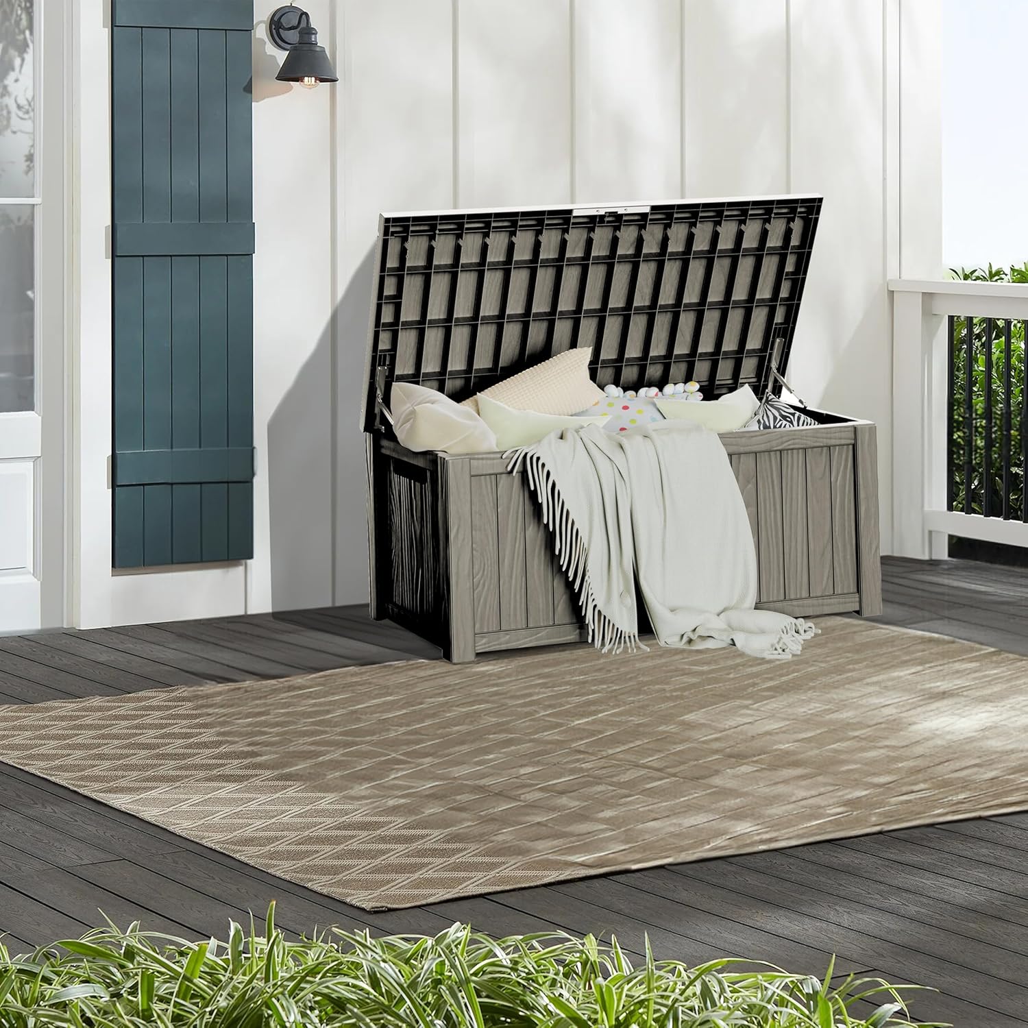 150 Gallon Outdoor Storage Box Waterproof Large Resin Deck Box Indoor/Outdoor Lockable Storage Container and Seating for Garden, Pool, and Patio (150 Gallon, Grey)