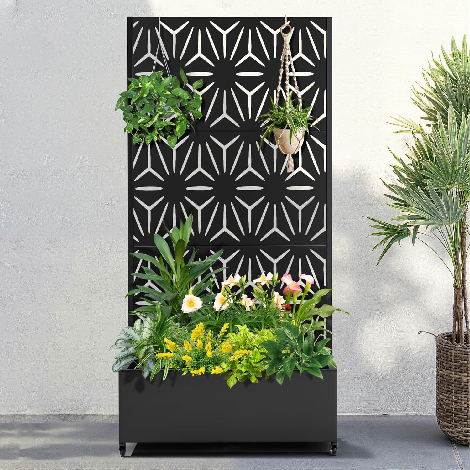 FENCY Metal Raised Garden Bed with Wheels and Trellis,73"x35"x16" Planter Box for Climbing Plants, Vegetables & Vines, Features Privacy Screen and Drainage Holes (Black-Star)