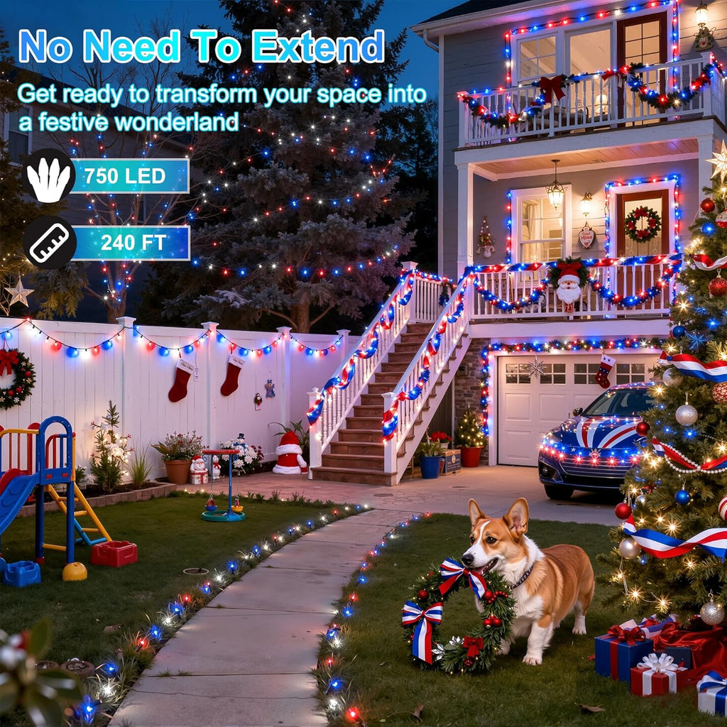 750LED Christmas Lights Outdoor Use, 240ft 12 Modes Red Blue and White LED String Lights with Timer Dimmable, Waterproof Christmas Tree Lights for Xmas Patio Yard Fence Balcony Garden Decor