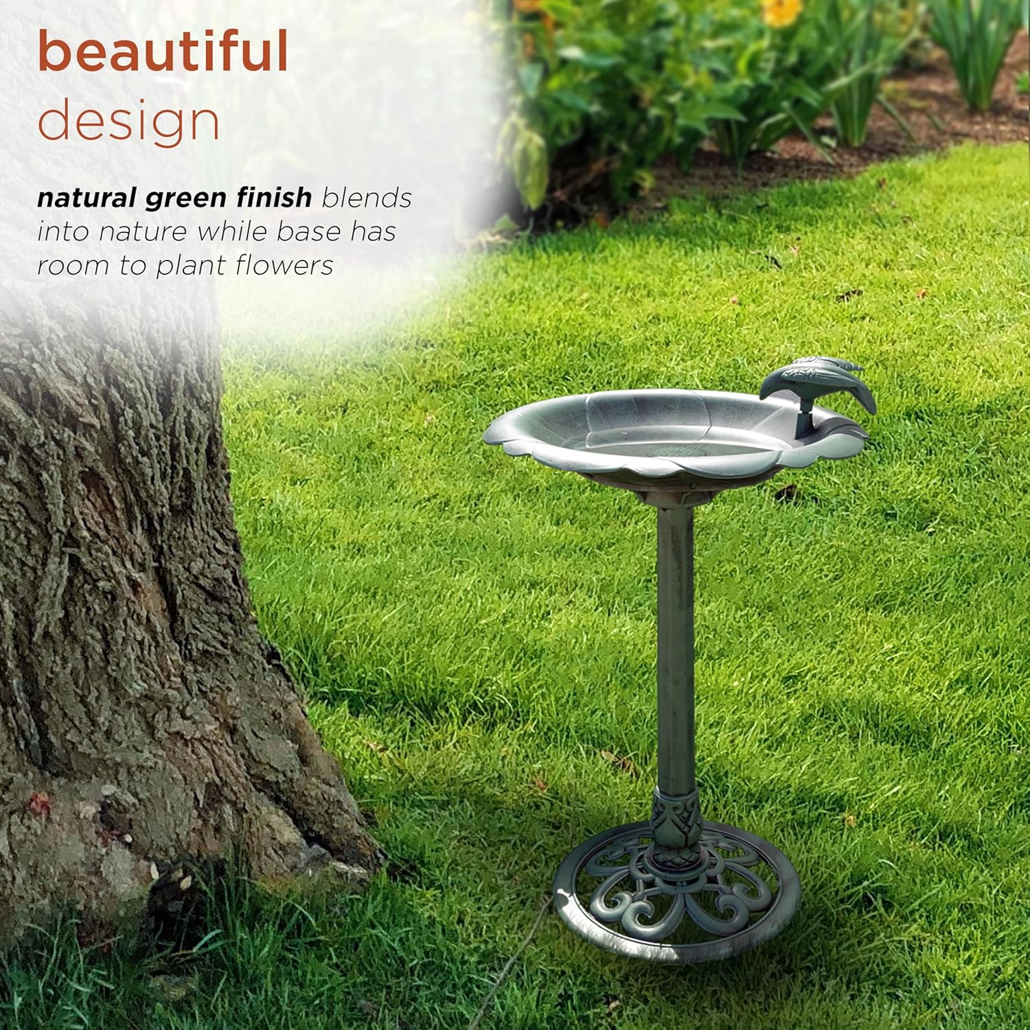 Alpine Corporation TEC114 31" Tall Outdoor Antique Flower Birdbath with Bird Decoration Yard Statue, Durable Polypropylene Construction for Patio, Deck, or Yard