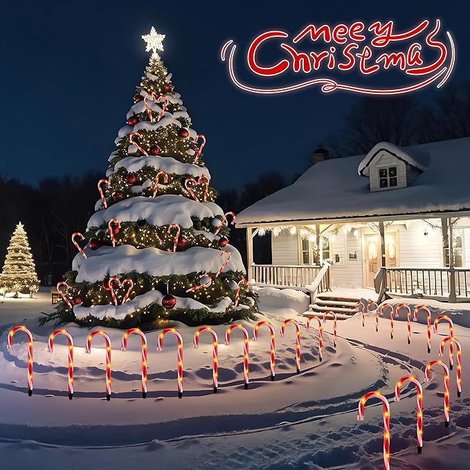 10" Christmas Candy Cane Lights - Set of 10 Pathway Markers Christmas Outdoor Yard Decorations, Xmas Candy Cane Stake Lights for Lawn, Walkway, Garden, Xmas Party Indoor Ornaments