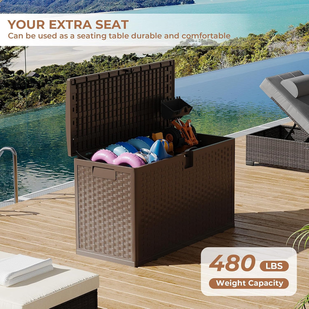 99Gallon Brown Resin Deck Box, Outdoor Storage Box Waterproof Lockable, Patio Deck Box For Package Delivery, Outside Storage Box Container for Furniture Cushions, Garden Tools, Pool Accessories