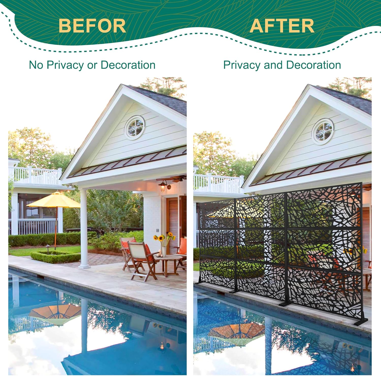 72" H×47" W Metal Privacy Screen Outdoor Privacy Screen Freestanding, Outdoor Privacy Screens and Panels for Patio Lawn Deck, Outdoor Privacy Panels Decorative Privacy Fence(Consists of 3 Panels)