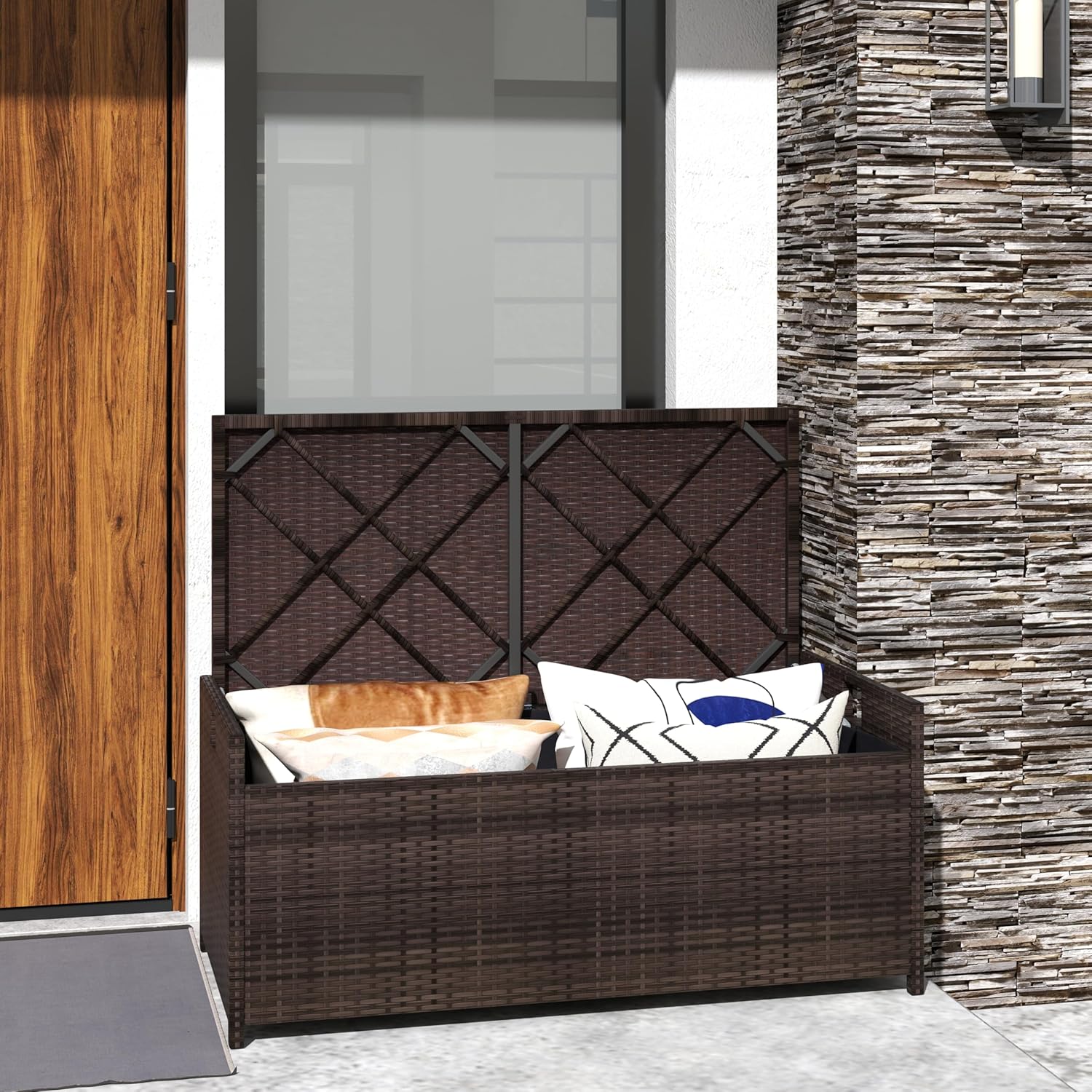 RELAX4LIFE 34-Gallon Outdoor Storage Box - Wicker Rattan Deck Box w/Seat Cushion, Waterproof Liner & Side Handles for Pillows, Patio Cushions, Pool Supplies, Garden Tools, Porch Outdoor Storage Bench