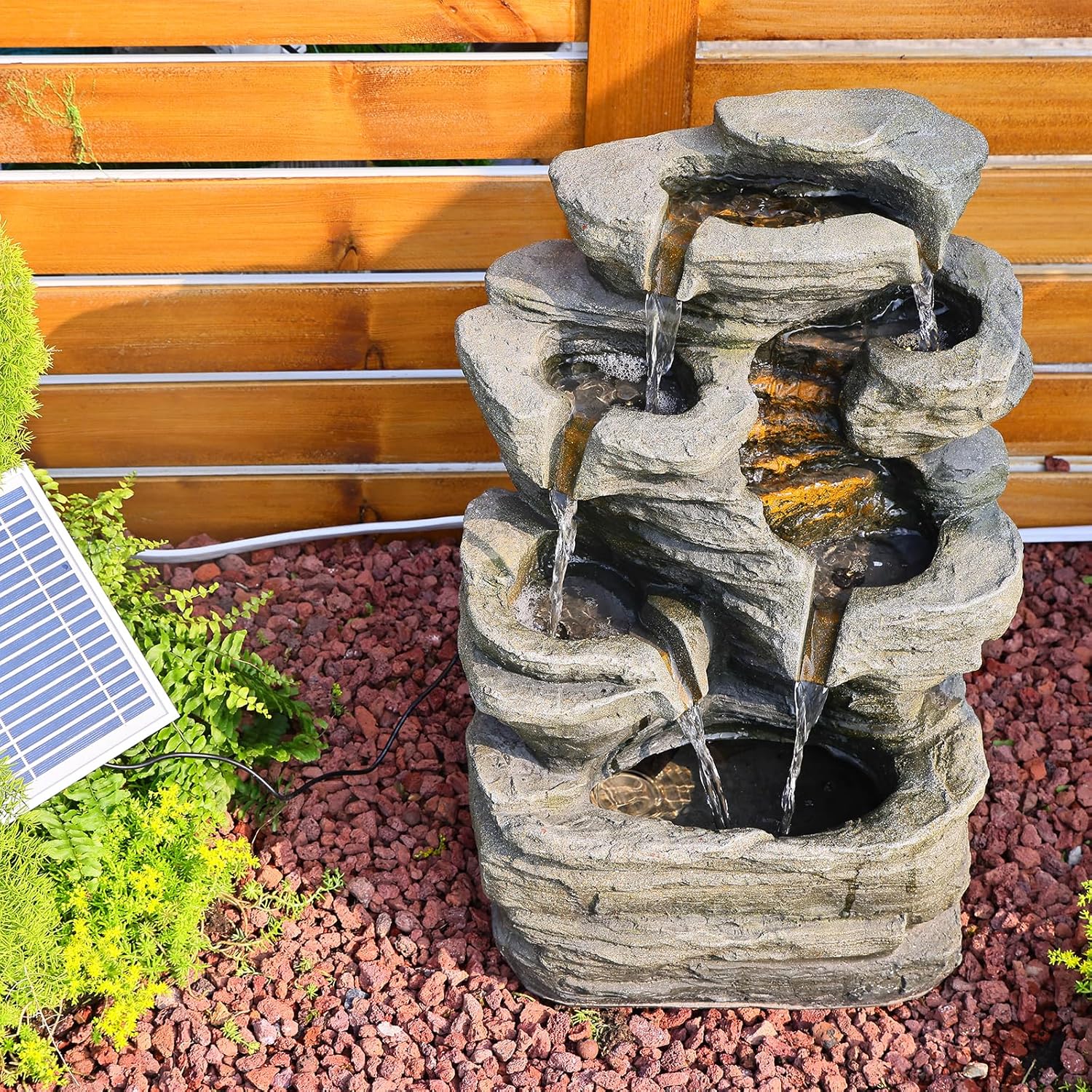 6 Tier Cascading Rock Solar Water Fountain Outdoor Garden Waterfall Decor for Garden, Patio, Backyard, Deck, Porch and Home Art Decor,24.4" H Outdoor Fountain with LED Lights