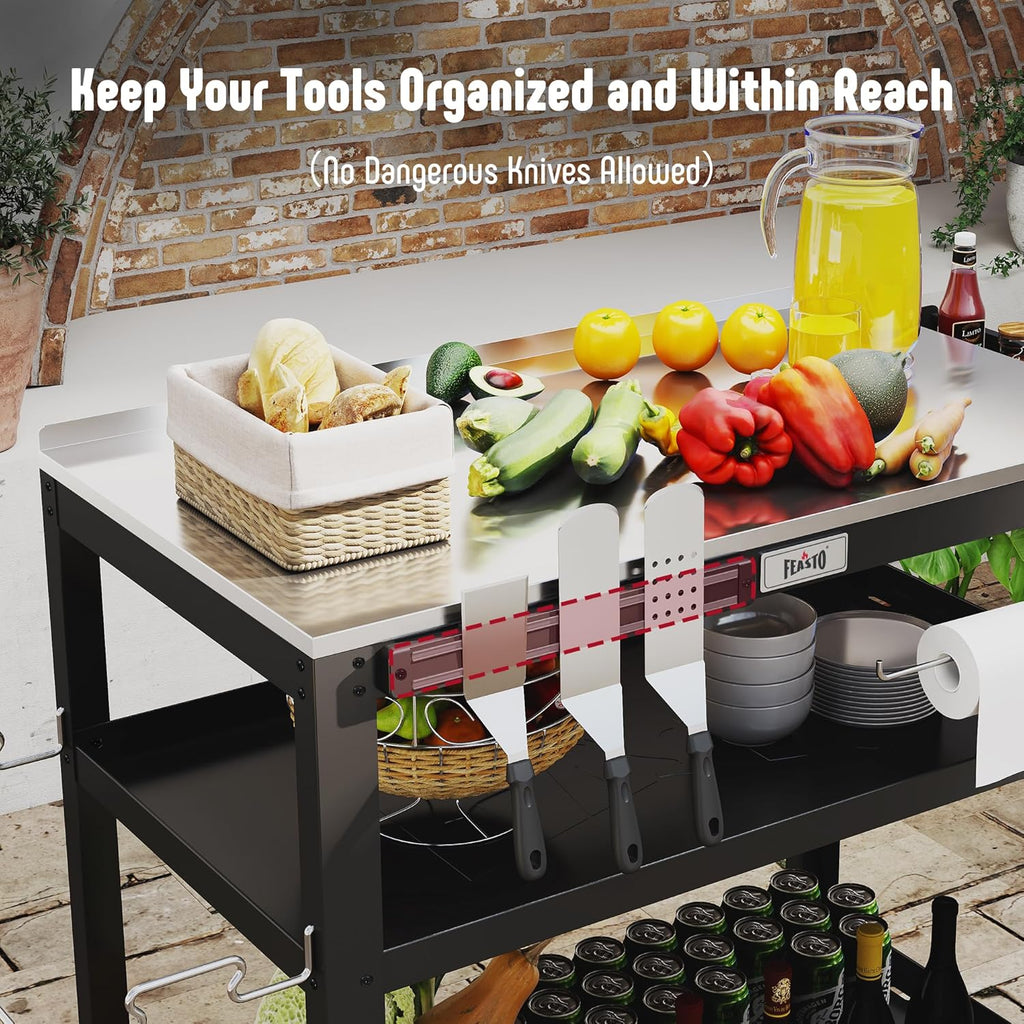 31.5"x18" Outdoor Grill Cart with Stainless Steel Tabletop, Movable Grill Table with Seasoning Rack & Magnetic Tools Holder, Backyard BBQ Kitchen Food Prep Table for Portable Grill & Pizza Oven