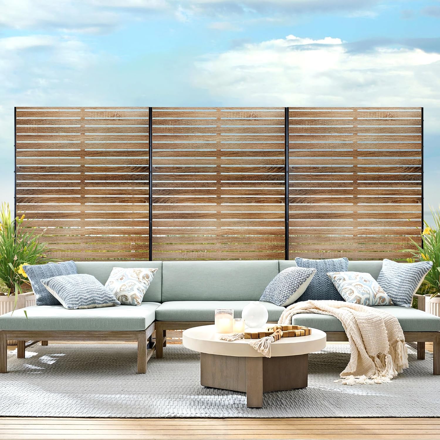 Metal Privacy Screen Outdoor 72" H×47" W,Freestanding Decorative Privacy Screen for Balcony Yard&Garden,Privacy Fence-Wooden Color