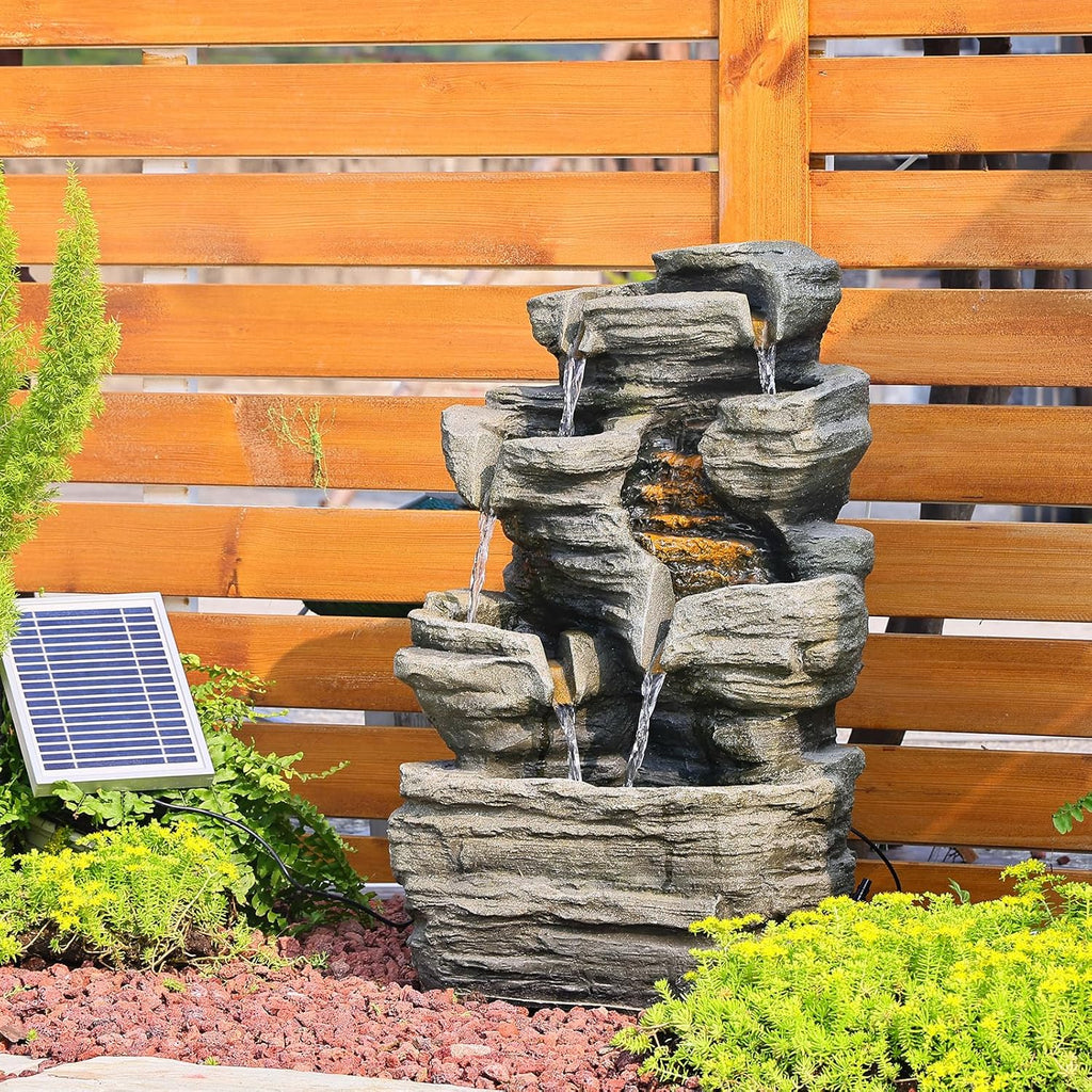 6 Tier Cascading Rock Solar Water Fountain Outdoor Garden Waterfall Decor for Garden, Patio, Backyard, Deck, Porch and Home Art Decor,24.4" H Outdoor Fountain with LED Lights